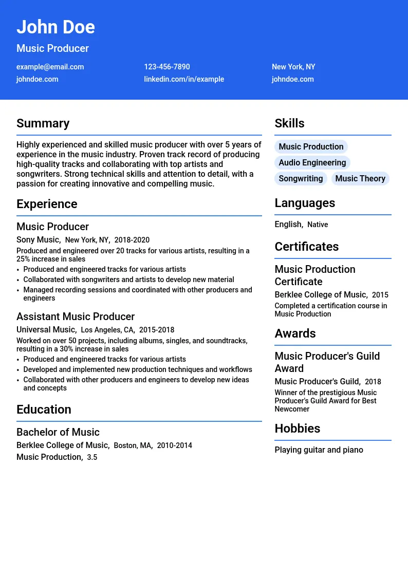 Music Producer resume example