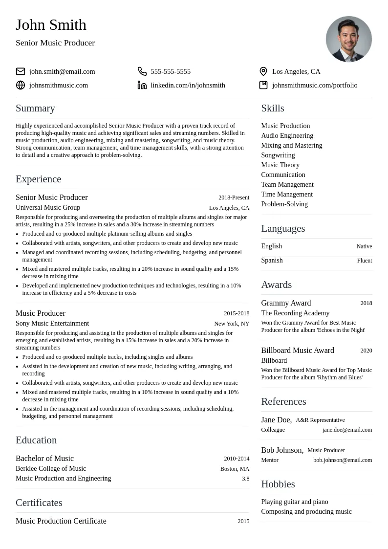 Senior Music Producer resume example