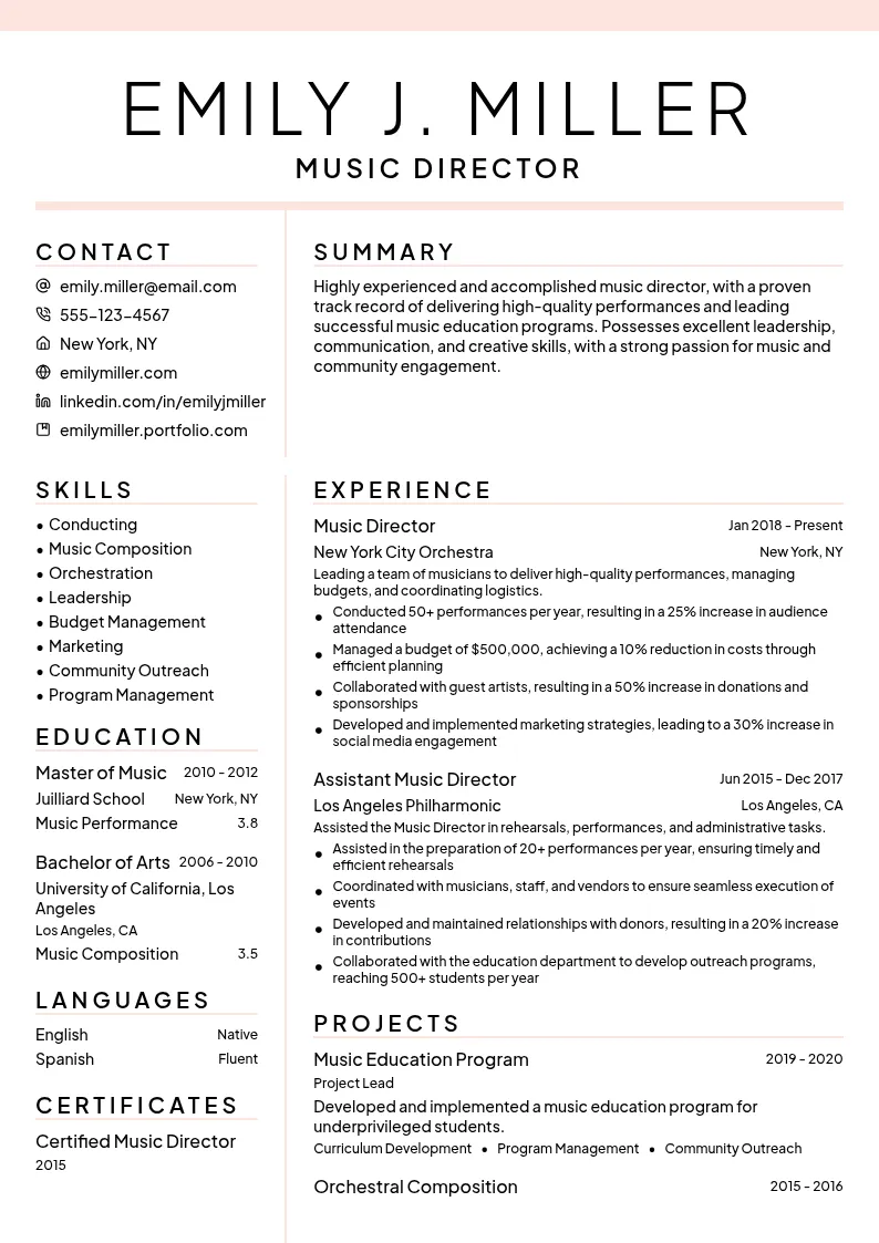 Music Director resume example