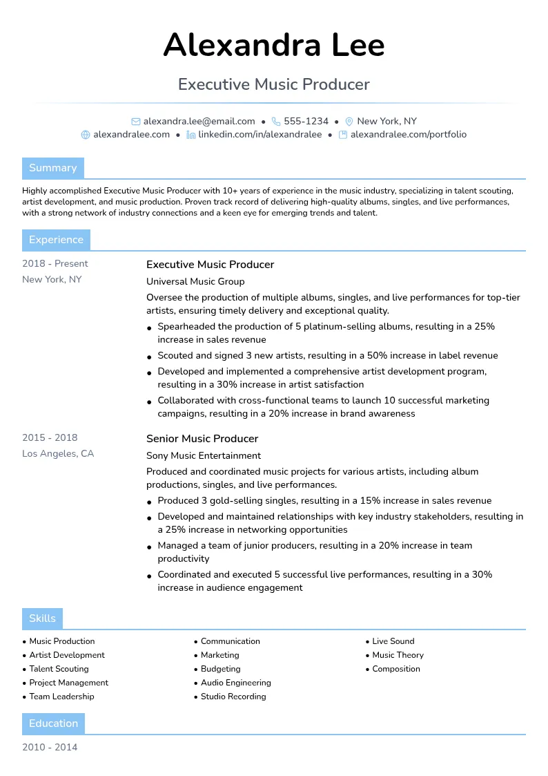 Executive Music Producer resume example