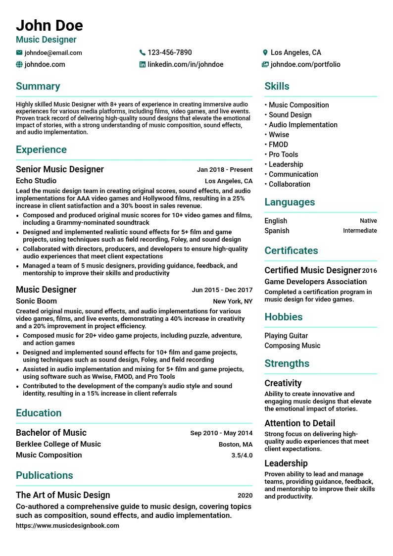 Music Designer resume example