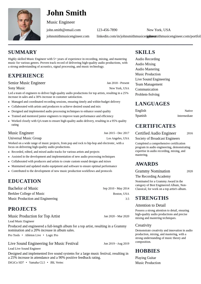 Music Engineer resume example