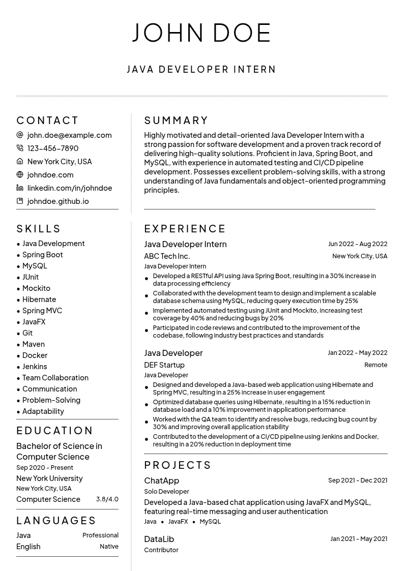 Java Developer Intern resume example