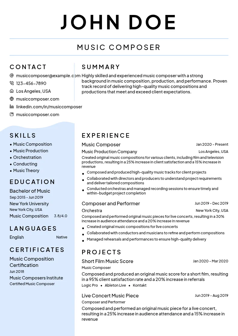 Music Composer resume example