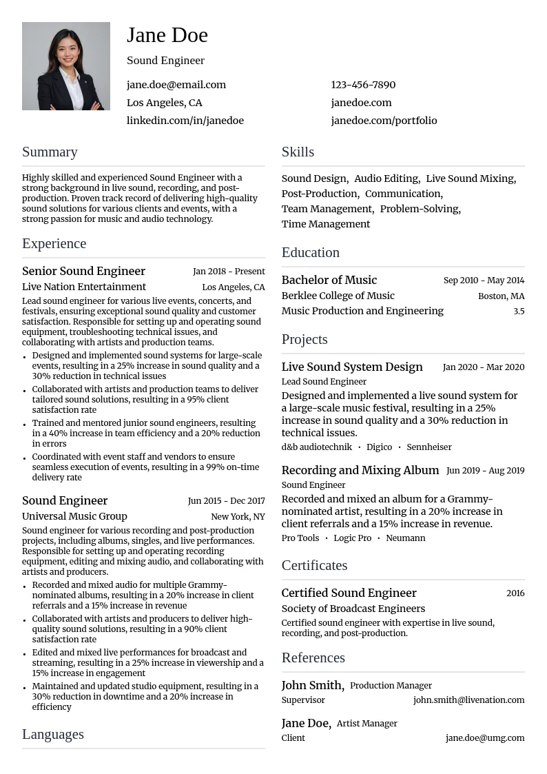 Sound Engineer resume example