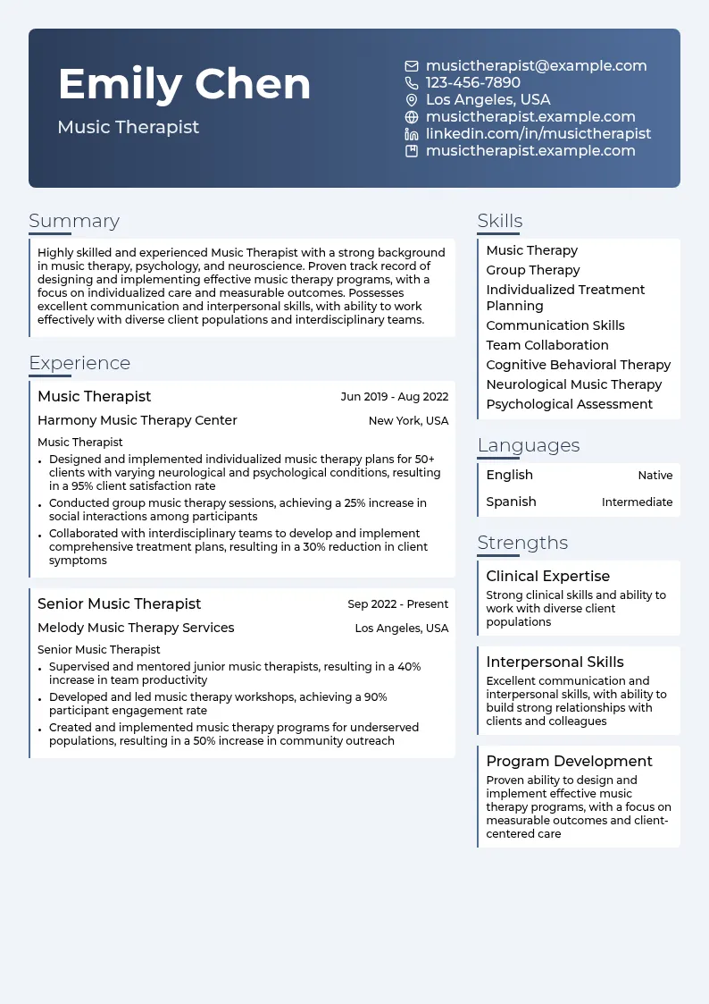 Music Therapist resume example