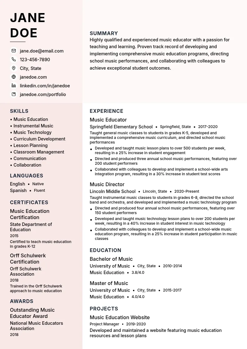 Music Educator resume example