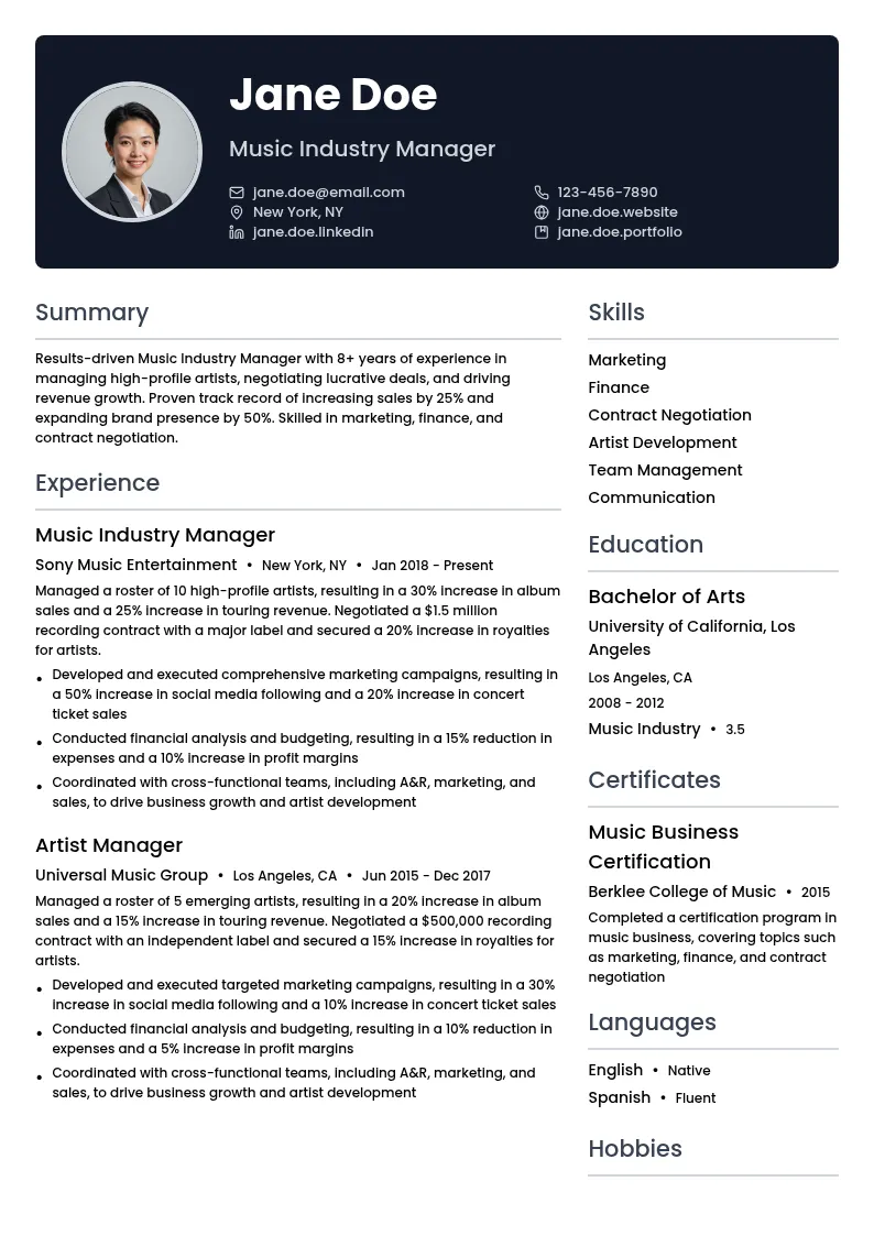 Music Industry Manager resume example