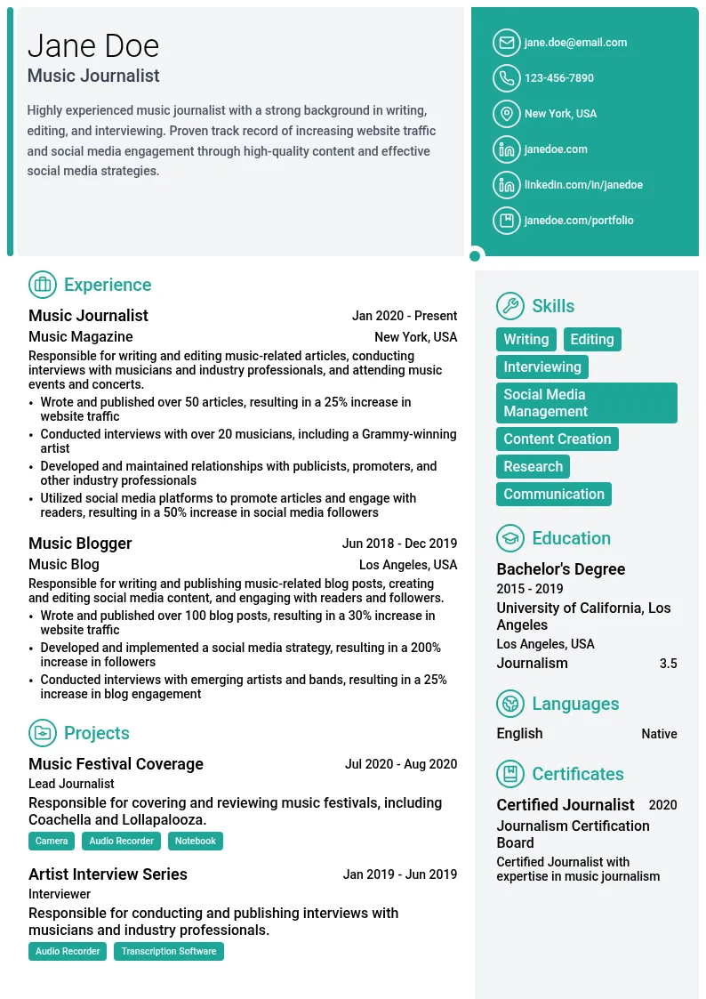 Music Journalist resume example