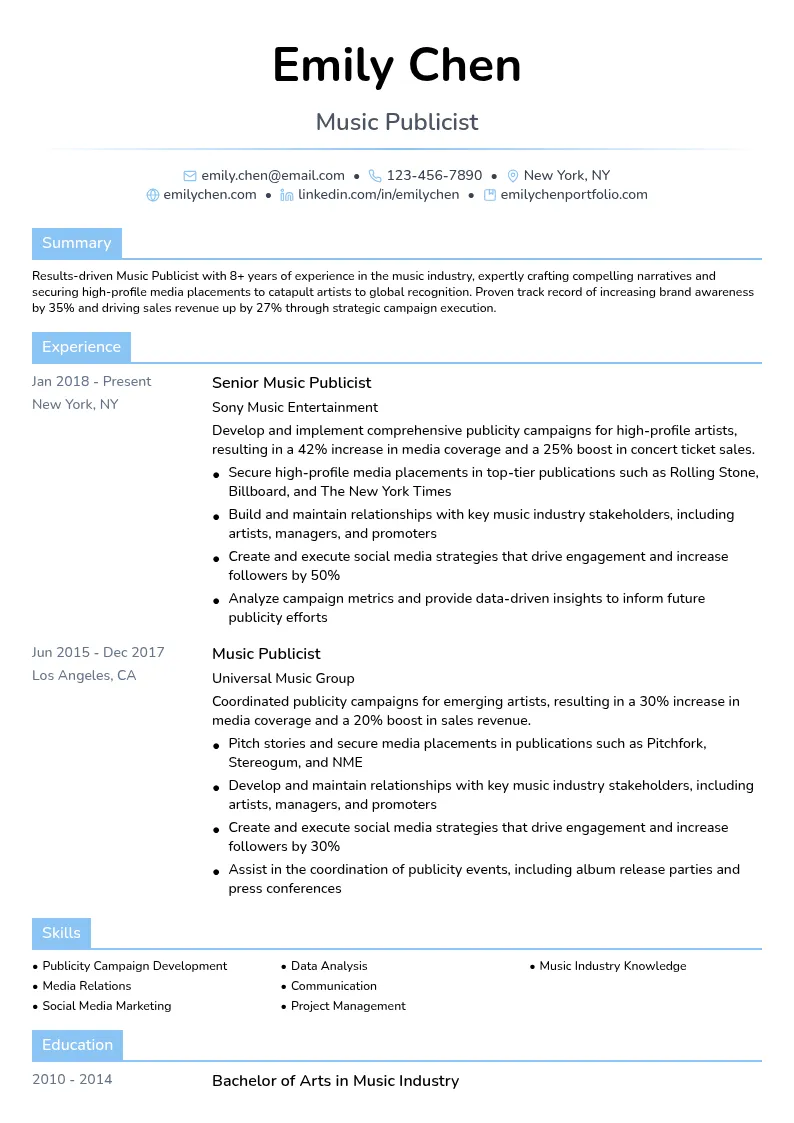 Music Publicist resume example