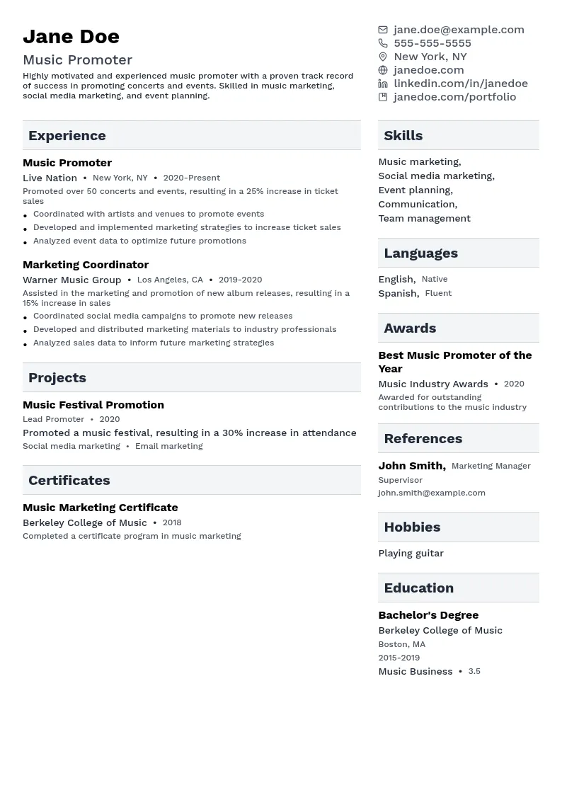Music Promoter resume example