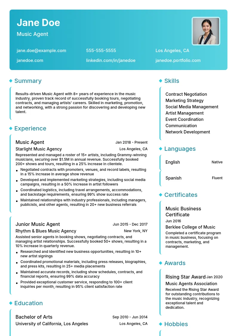 Music Agent resume example