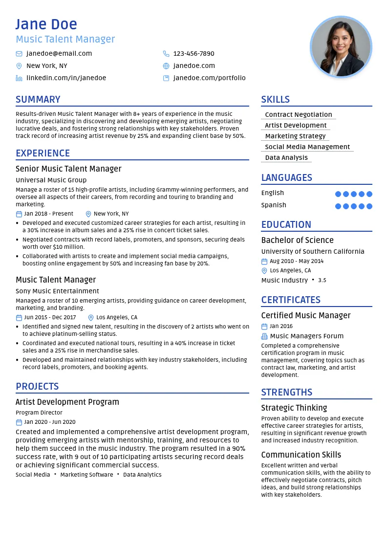 Music Talent Manager resume example