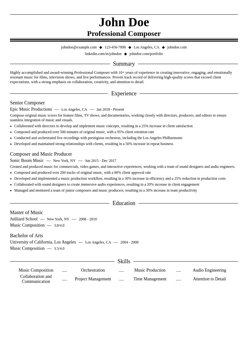 Professional Composer resume example