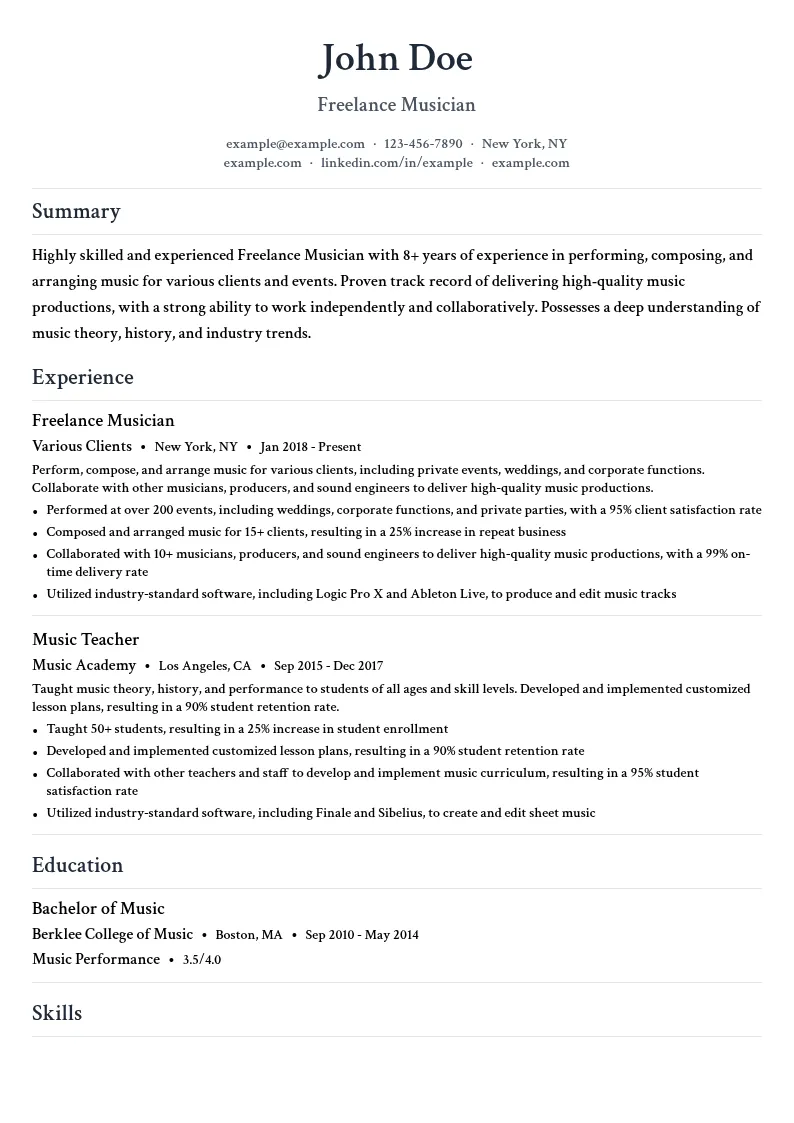 Freelance Musician resume example