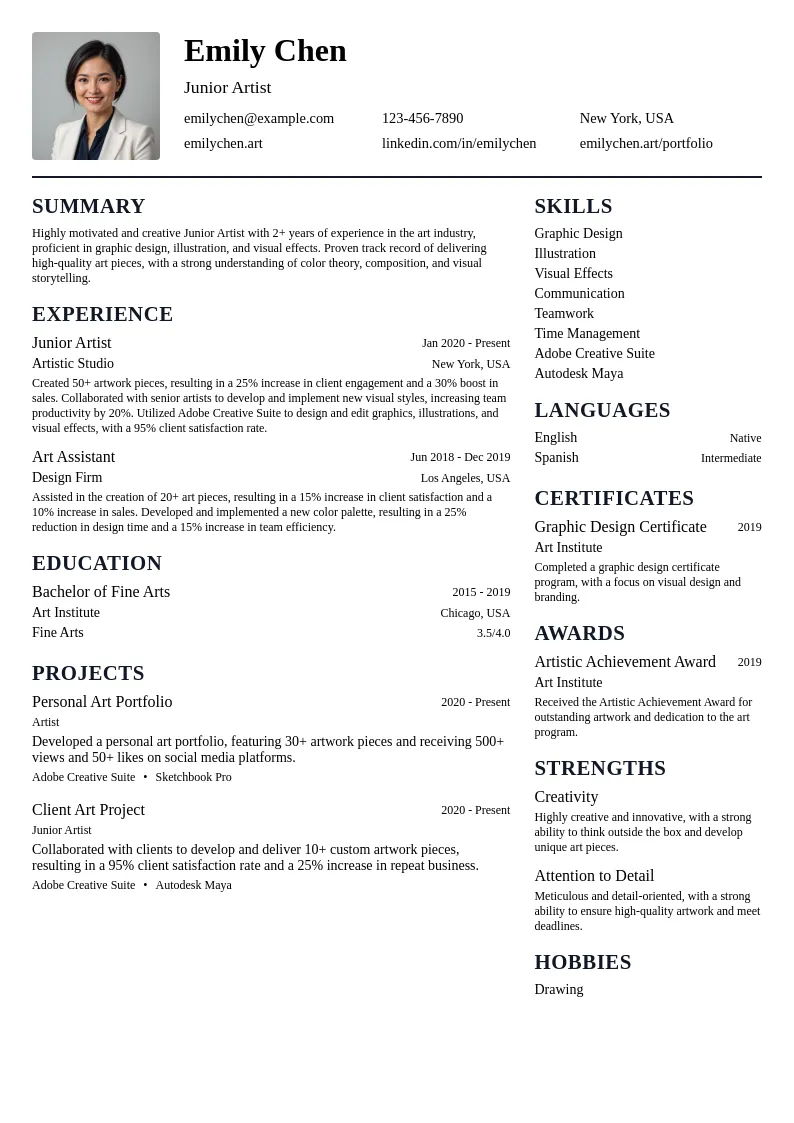 Junior Artist resume example