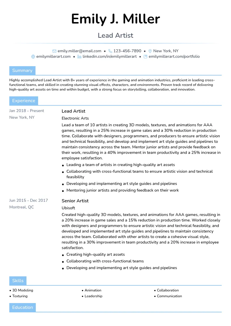 Lead Artist resume example