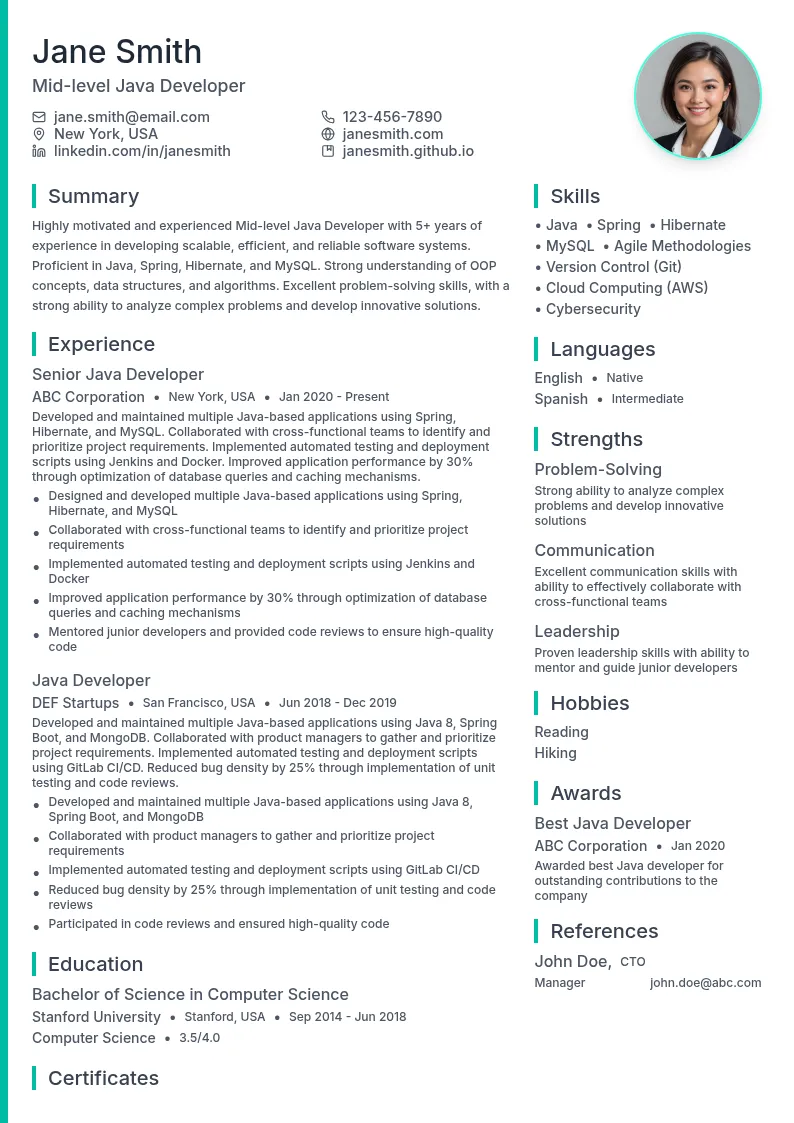 Mid-level Java Developer resume example