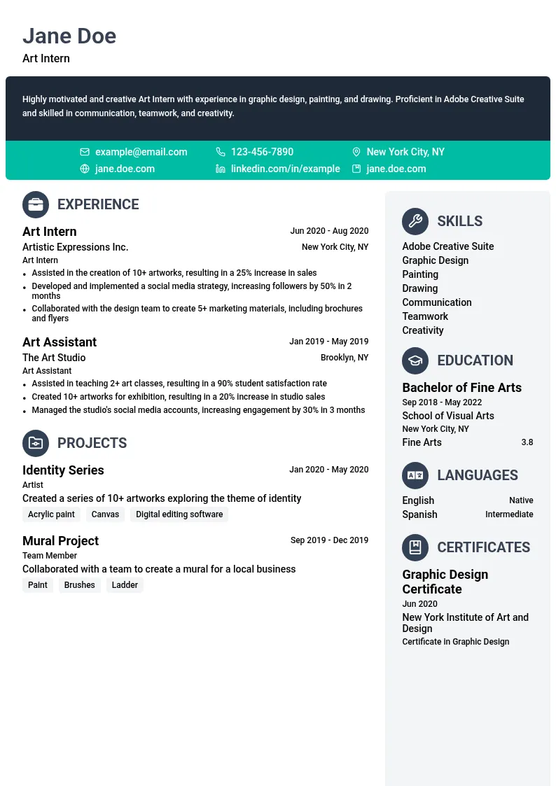 Art Intern resume example