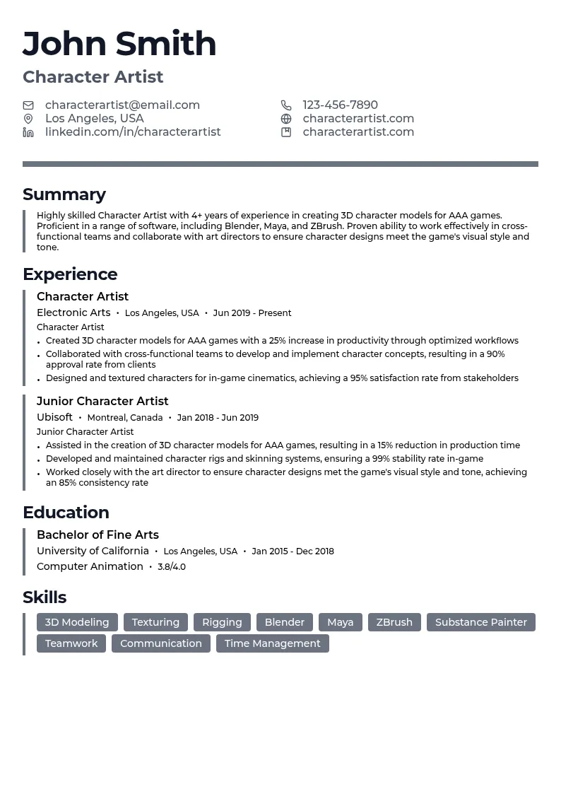 Character Artist resume example