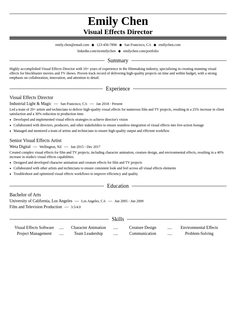 Visual Effects Director resume example
