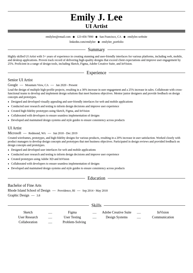 UI Artist resume example