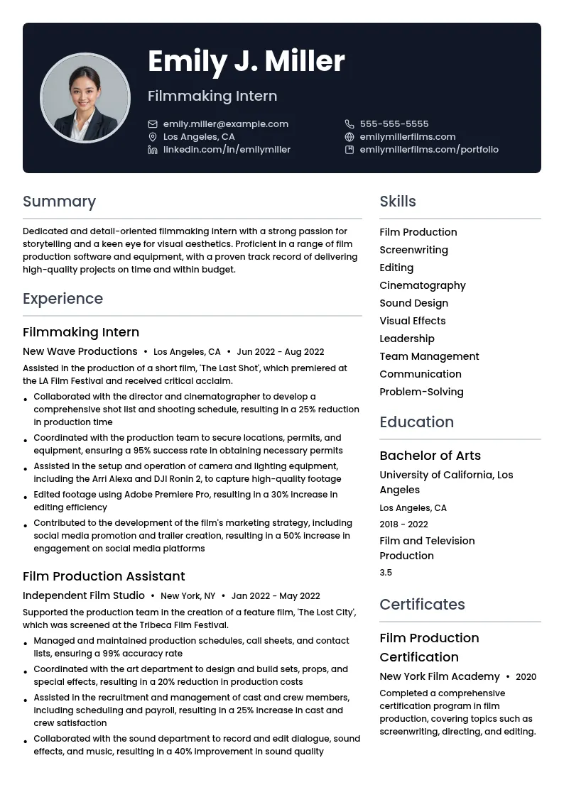 Filmmaking Intern resume example