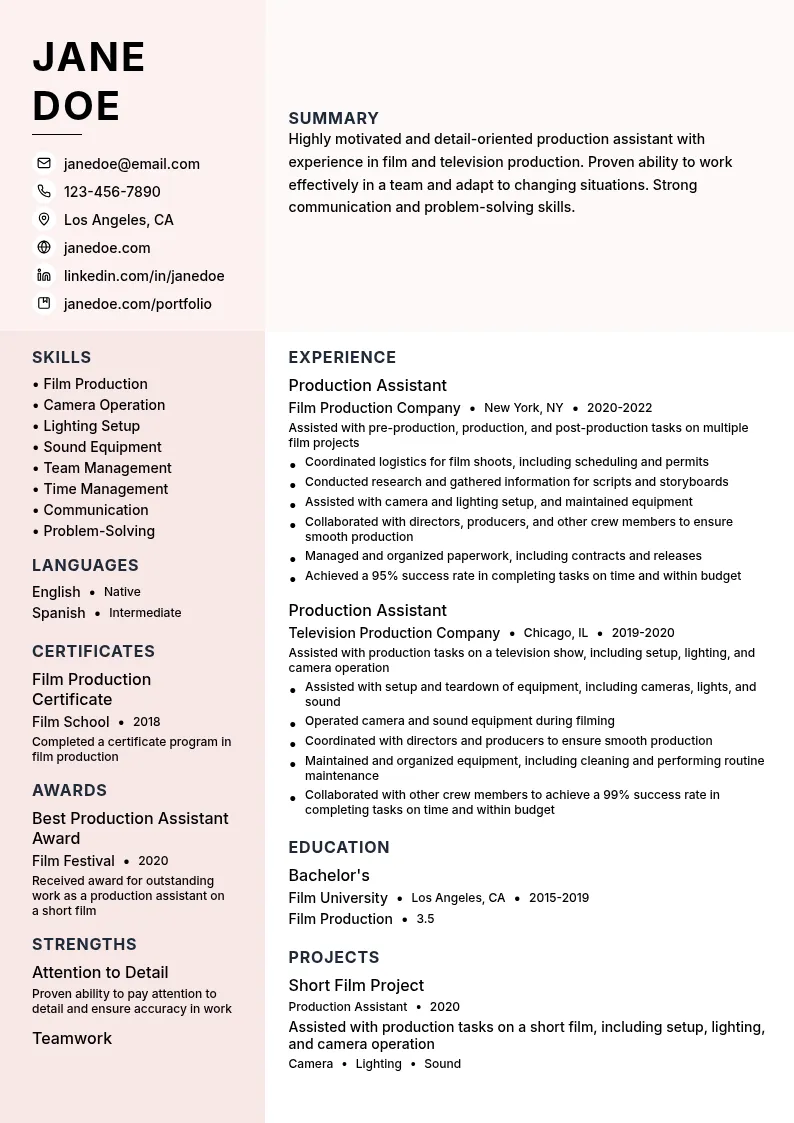 Production Assistant resume example