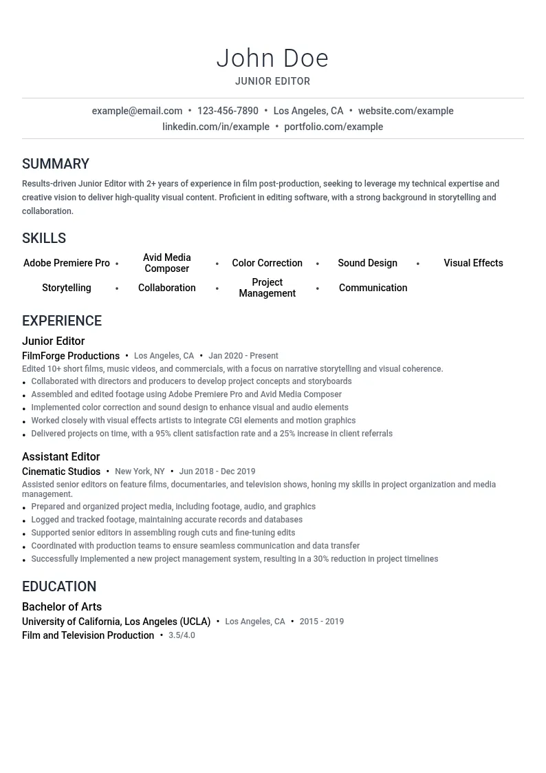 Junior Editor resume example