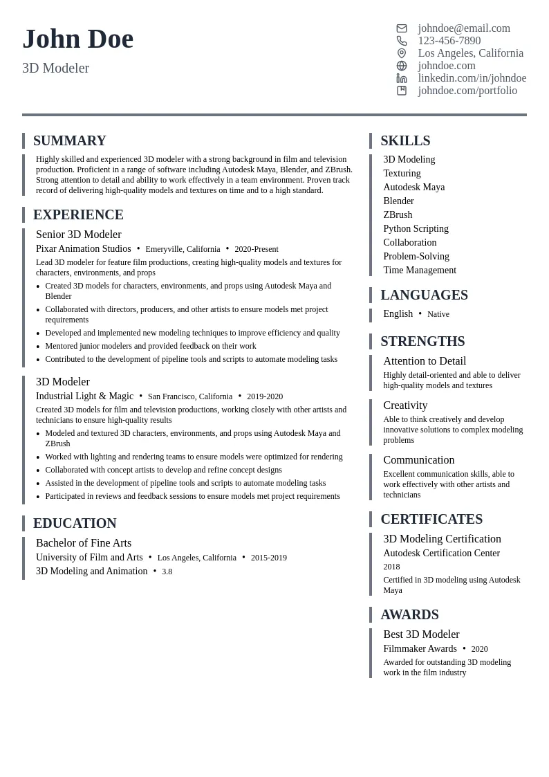 3D Modeler resume example