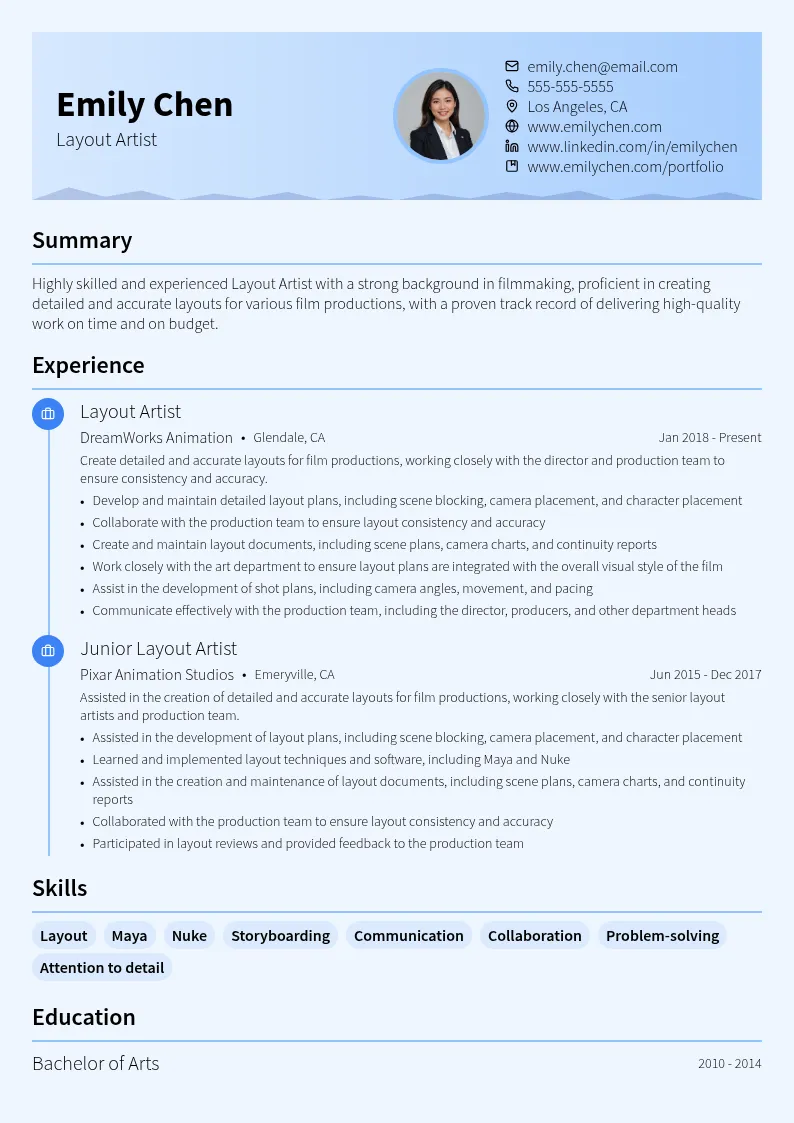 Layout Artist resume example