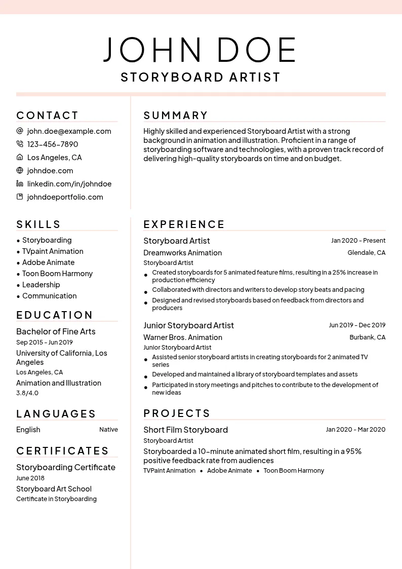 Storyboard Artist resume example