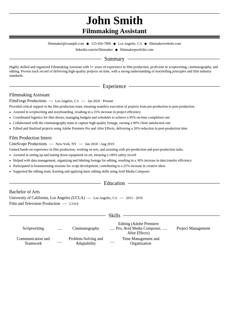 Filmmaking Assistant resume example