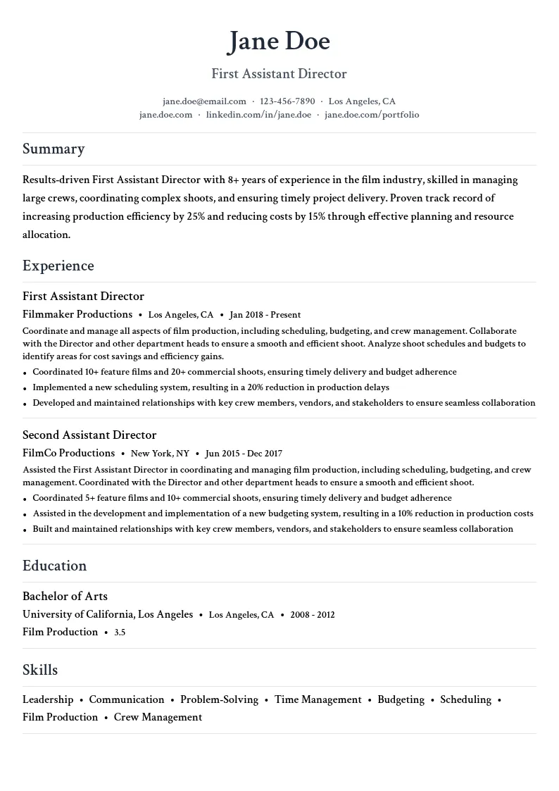 First Assistant Director resume example
