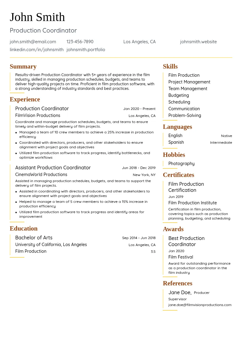 Production Coordinator resume example