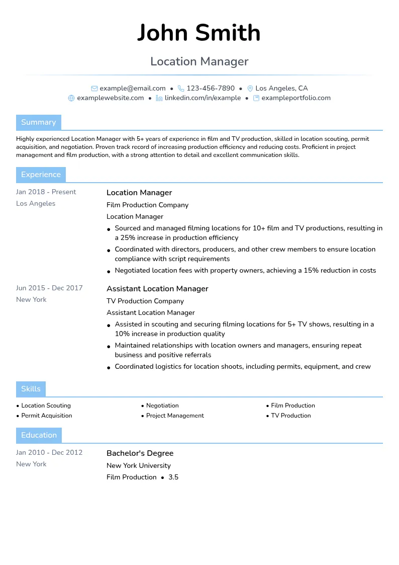 Location Manager resume example