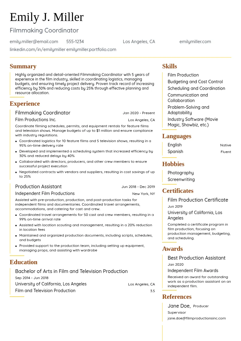 Filmmaking Coordinator resume example