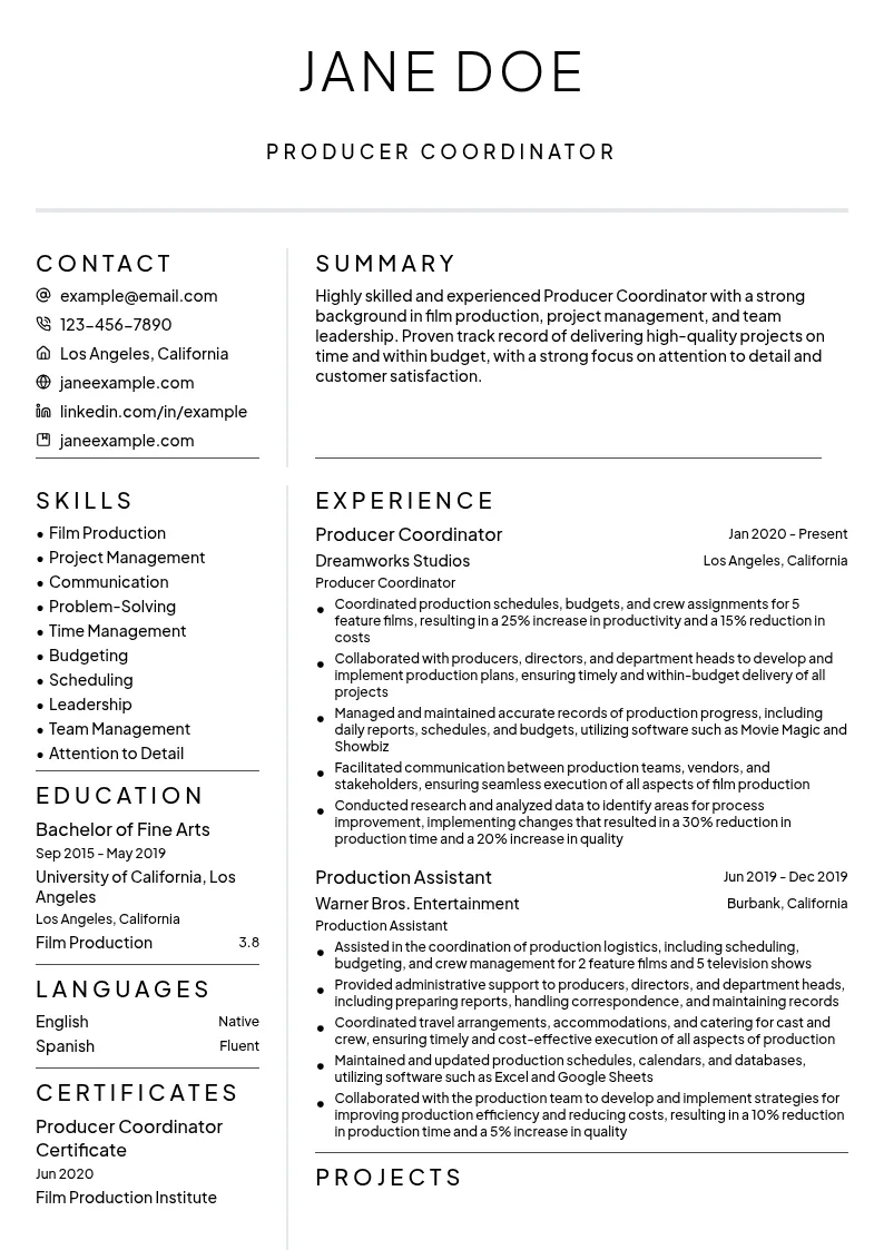 Producer Coordinator resume example