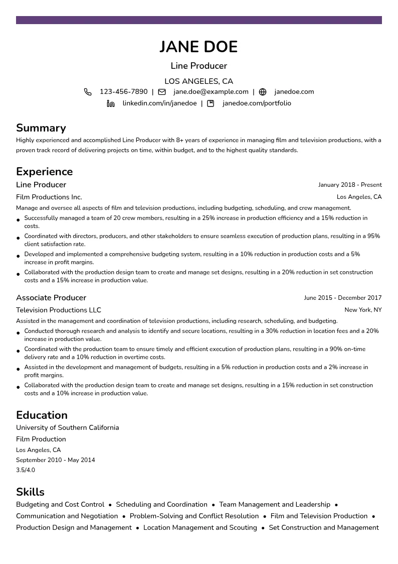 Line Producer resume example