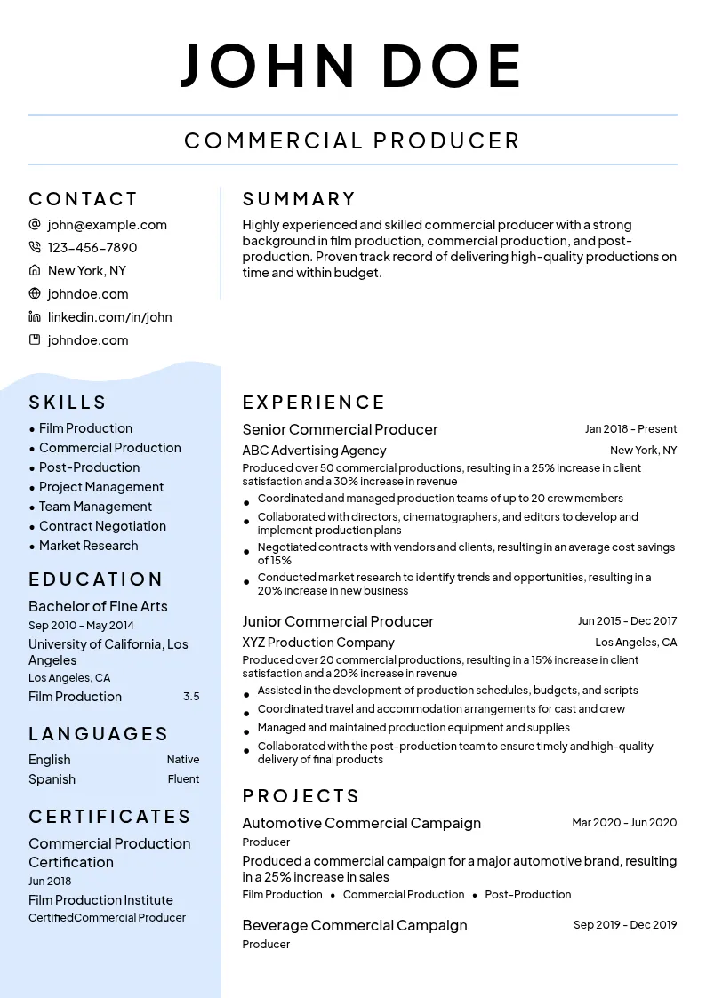 Commercial Producer resume example