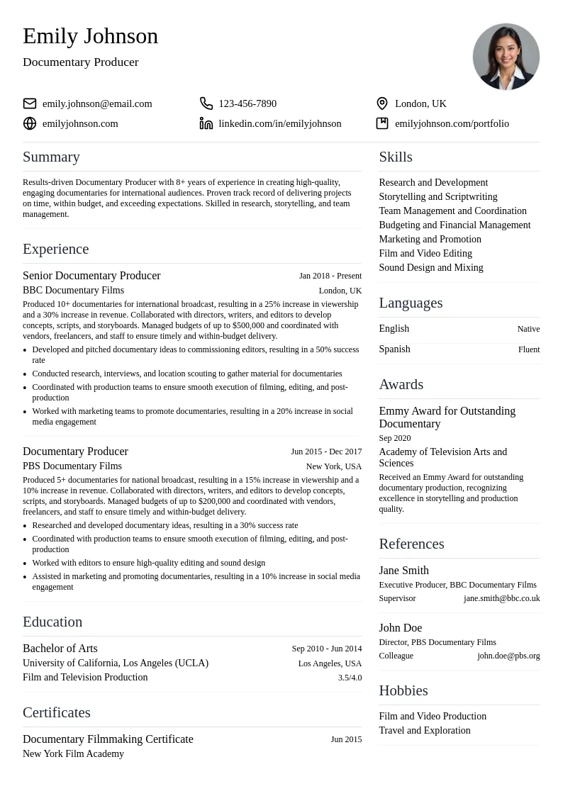 Documentary Producer resume example