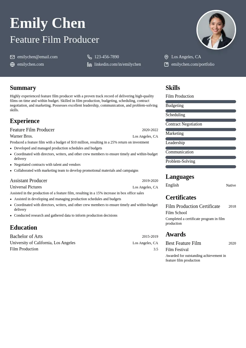 Feature Film Producer resume example