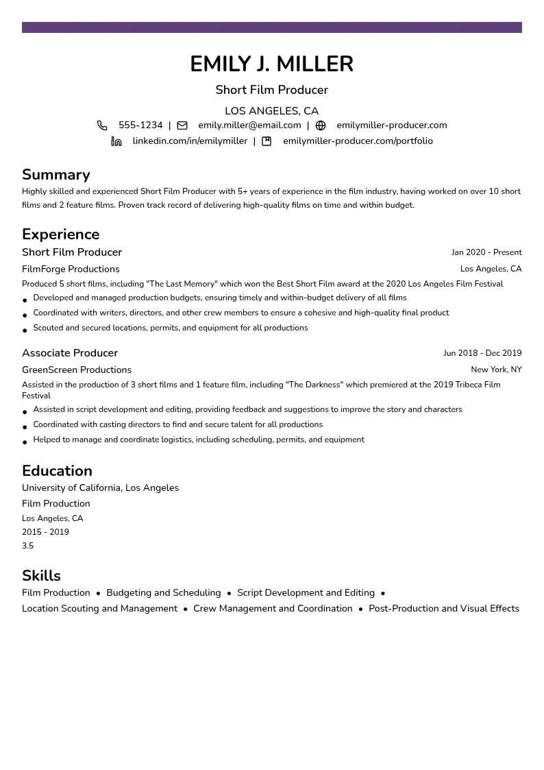Short Film Producer resume example