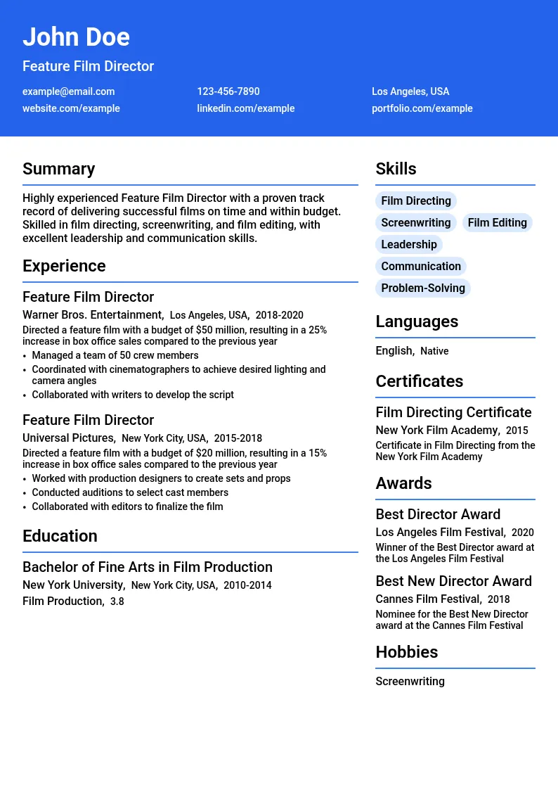 Feature Film Director resume example