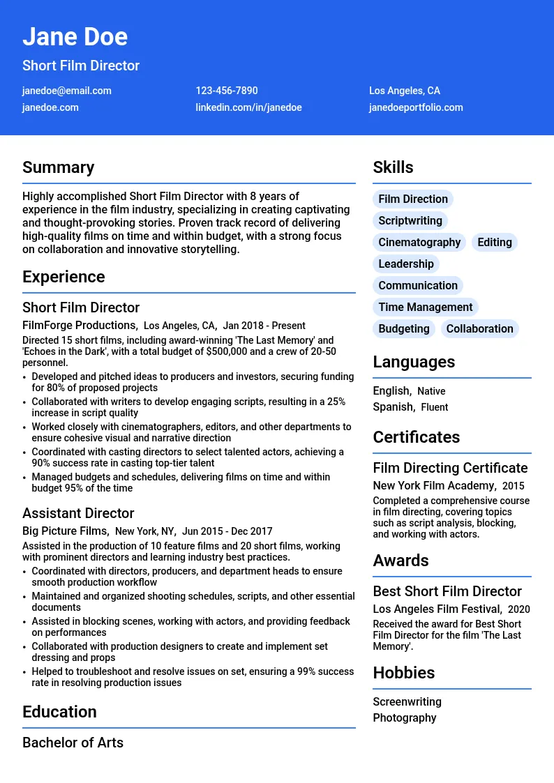 Short Film Director resume example