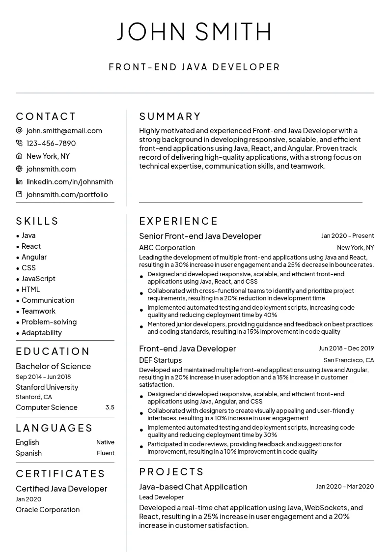 Front-end Java Developer resume example