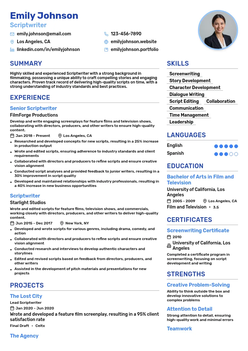 Scriptwriter resume example