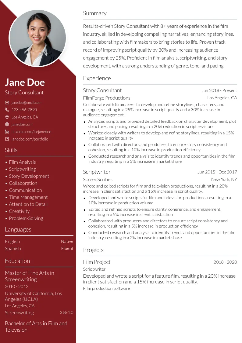 Story Consultant resume example