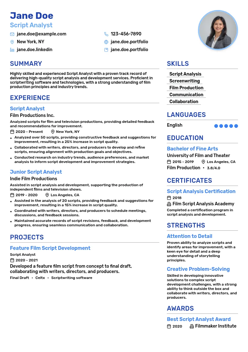 Script Analyst resume example