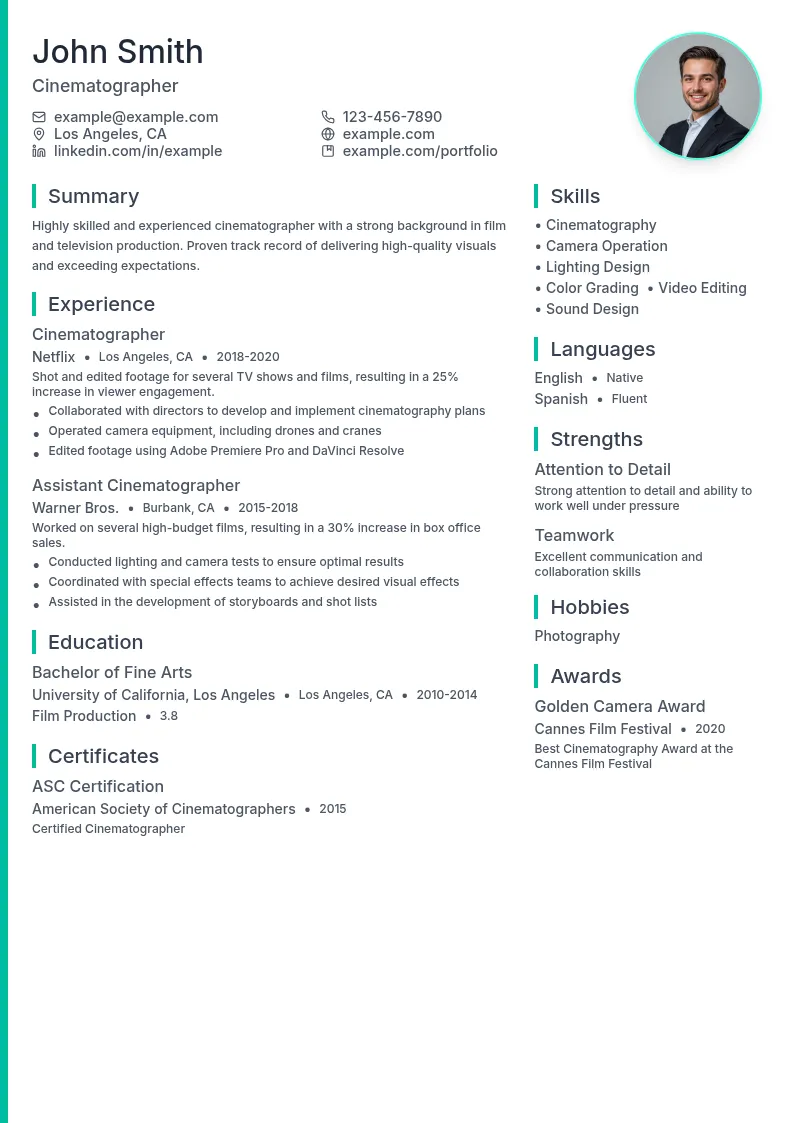 Cinematographer resume example